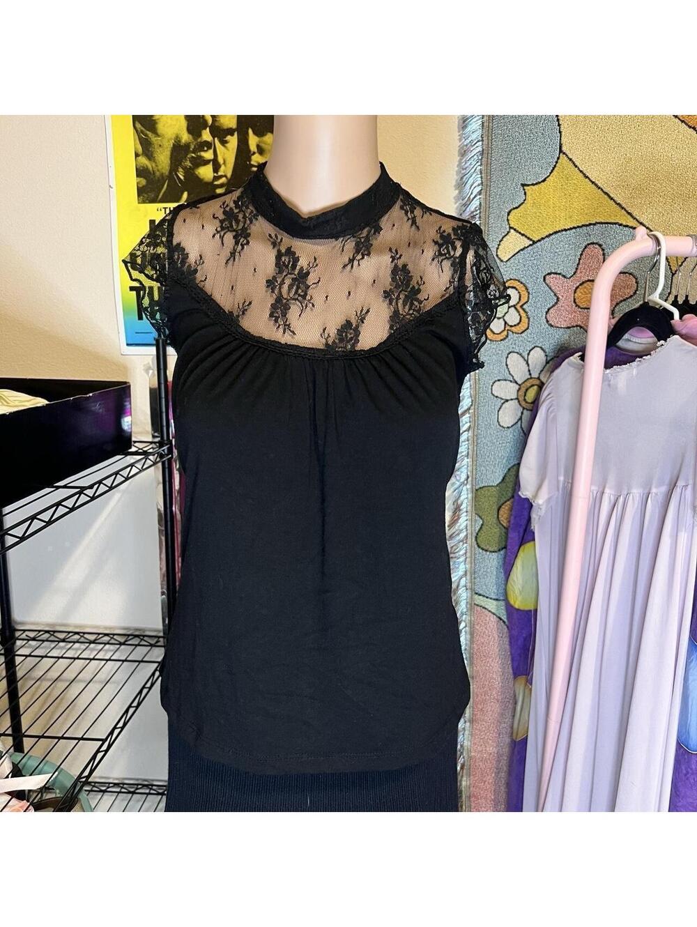Y2K Coolwear Black Lace High Neck Cap Sleeve Babydoll Top